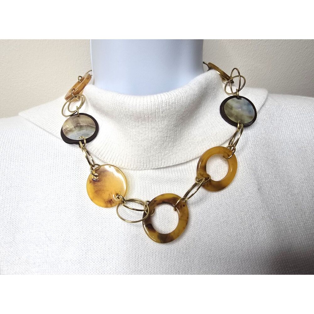 Boho Marbled Caramel Resin & Shell Disc Link Collar Necklace Gold Tone 18"